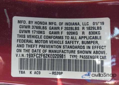 2019 Honda Civic Lx z USA, uszkodzony, nr VIN 19XFC2F62KE020981